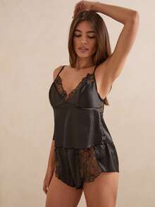 Charlaine Women's Camisole Top & Low Waist Flat Bottom Pants Embroidered Satin Pajama Set, 2 Pieces - Black - View 5