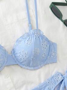 SHEIN Swim Chicsea 26SS 春夏优雅纹理面料钢圈比基尼套装，蓝色刺绣，2件套 - 藍色 - 查看 6
