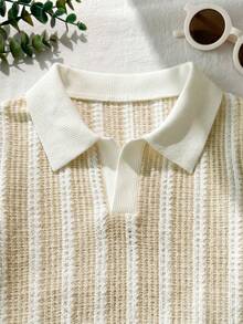 SHEIN Playful Pals Cămașă polo cu mânecă scurtă în blocuri de culoare și pantaloni scurți, ținută casual de zi cu zi pentru băieți tineri - Caisă - Vizualizare 5