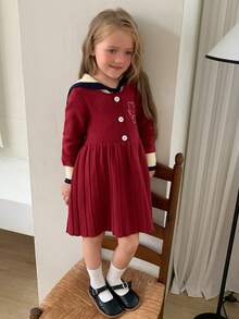 Dazy Kids HELLO KITTY | DAZY Gaun Sweater Anak Perempuan Lengan Panjang Kerah Pelaut Lucu Warna Kontras dengan Motif Kucing KT untuk Musim Gugur - Merah - View 5