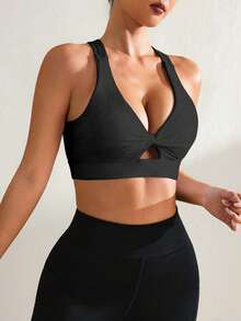 SHEIN Velisys 女款純色扭結鏤空運動內衣 - 黑與白 - 查看 5