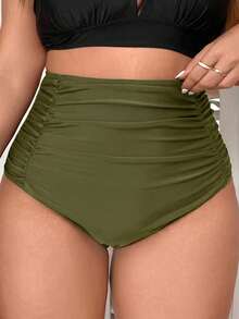 Slaydiva Plus Size Women's Solid Color Bikini Bottoms, Ultra High Waist, Ruched Tummy Control - Army Green - View 1