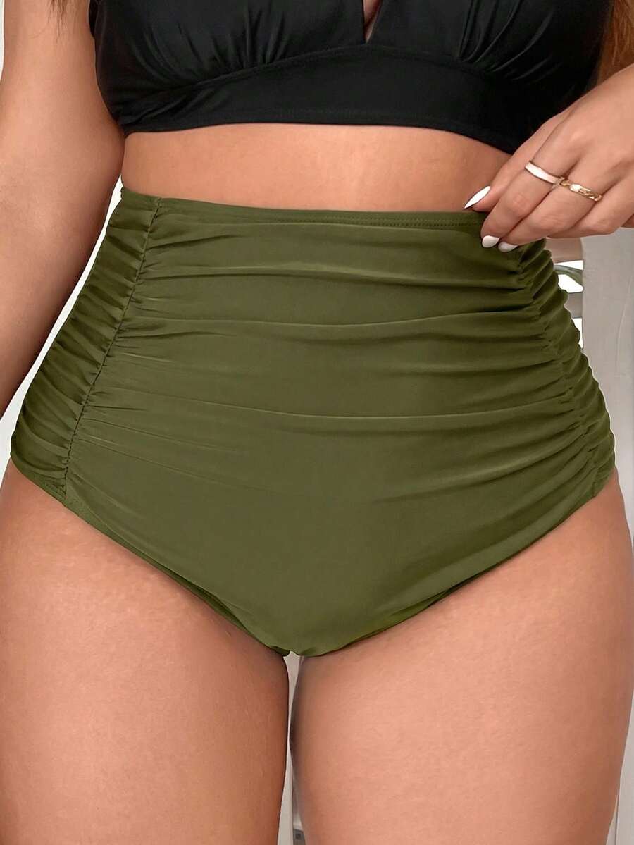 Slaydiva Plus Size Women's Solid Color Bikini Bottoms, Ultra High Waist, Ruched Tummy Control - Army Green - View 1