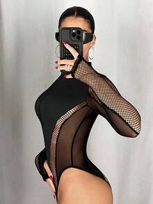 SHEIN ICON 立领网眼撞色修身长袖黑色紧身衣 - 黑色 - 查看 5