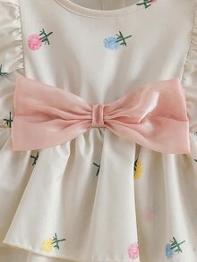 SHEIN 1件女童优雅杏色数码印花面料短袖粉色大蝴蝶结蛋糕裙，适合婚礼季、夏季假期和旅行，少女正式礼服 - 杏色 - 查看 9