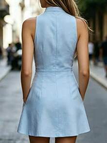 EMERY ROSE Vestido mini de unicolor con pliegues y bolsillos para mujer, de moda para citas - Celeste - Ver 2