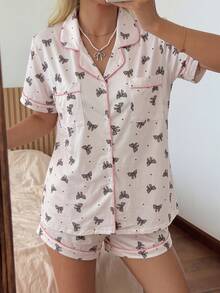 SHEIN 豹紋蝴蝶結與愛心印花翻領睡衣套裝，2件組 - 粉色 - 查看 3