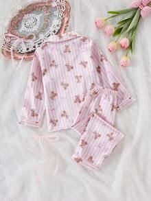 Genkimix Kids 女童緞面蝴蝶結印花長袖開襟衫與長褲 2 件套居家服 春/秋季 - 粉色 - 查看 2
