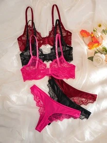 SHEIN 女款蕾絲鋼圈薄罩杯舒適內衣套裝（6套組） - 彩色 - 查看 2