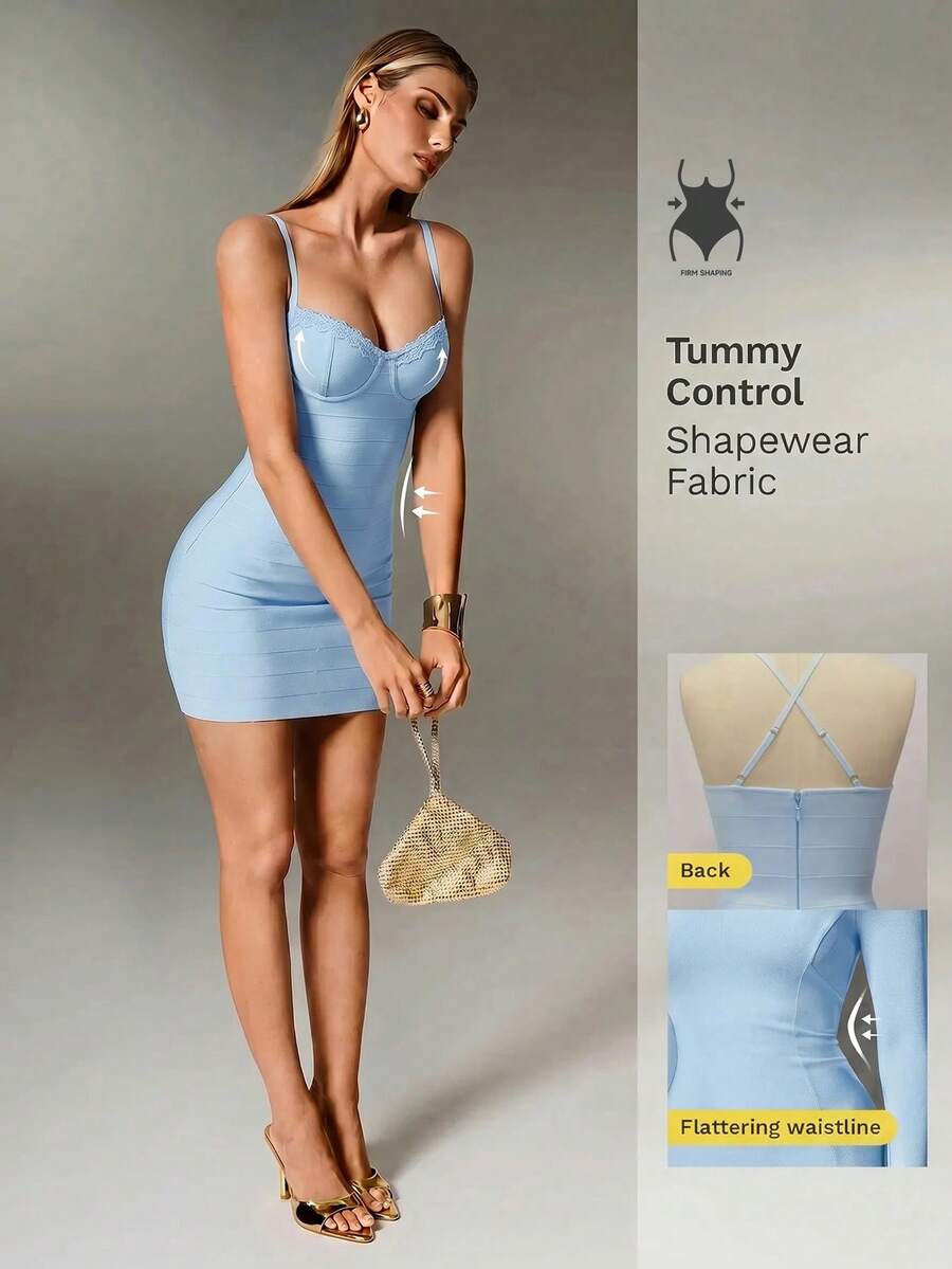 Nuvra Light Blue Lace Spaghetti Strap Bandage Mini Dress For Date Night Out Club Party Summer Sexy - Baby Blue - View 1