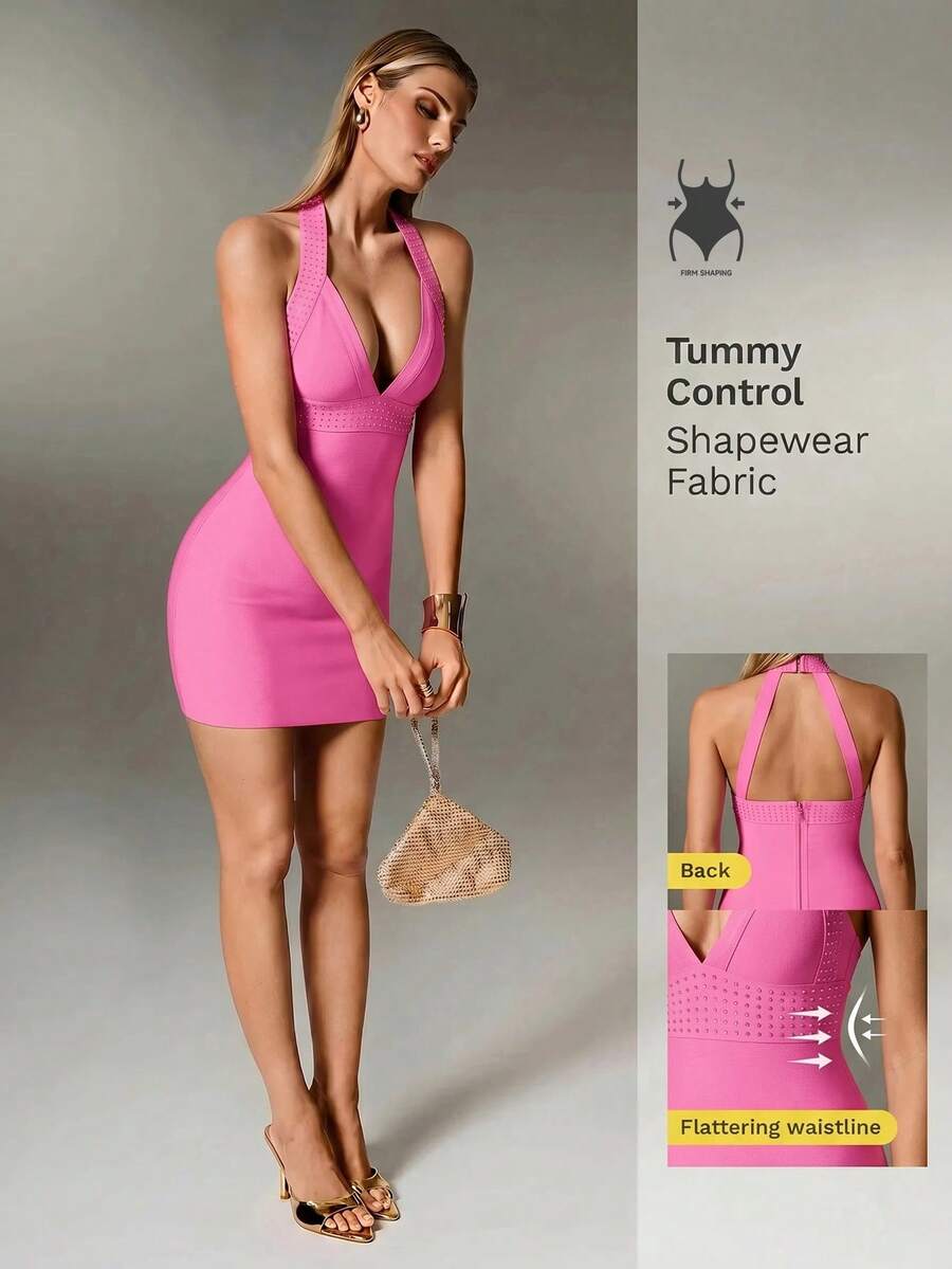 Nuvra Gaun Bandage Model Halter Neck Warna Pink Terang untuk Kencan, Klub Malam, Malam Musim Panas - Berwarna merah muda - View 1