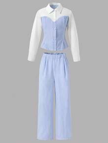 Tween Girls Fall Outfits 2pcs/Set Classic Collared White Sleeve Patchwork Navy Blue Top Waist-Cinched Cut Crisp Short Length For Teachers' Day Scho... - Blue - View 4