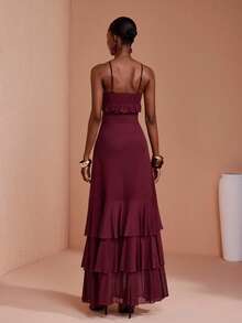 JIAN LASALA Red Mesh Adjustable Strap Sleeveless Ruffle Double Layers Long Dress Vacation Party Elegant - Burgundy - View 2