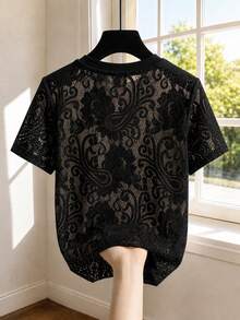 GlowEve Camiseta blanca de encaje floral de anacardo con manga corta transparente, top de malla con cuello redondo y diseño calado, estilo francés suave y elegante, apto para uso diario, ir al trabajo, citas y capas, adecuado para múltiples escenas, ligero para primavera/verano, diseño de hombros favorecedor con ajuste holgado - Negro - Ver 2