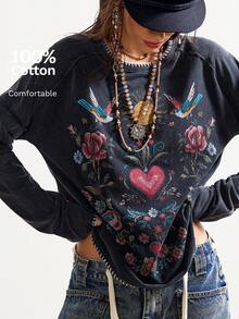 Bohemela Kaos Liburan Kasual Motif Bunga & Burung Ukuran Besar - Hitam - View 8