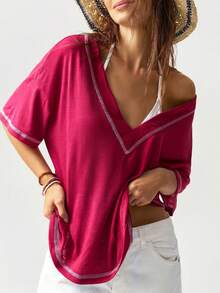 Bohemela Women's Casual Boho Solid Color V-Neck Short Sleeve Loose Regular Fit Knit T-Shirt Beach Pink Sequin Summer - Hot Pink - View 1