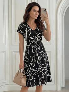 Medorina Graphic Print Batwing Sleeve Belted Dress Casual Outfit For Women Spring Summer - Black and White - View 3