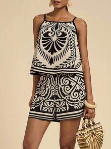 SHEIN PETITE CURVE Plus Size Women's Black White Print 2-Piece Casual Set, Beige, Summer, Boho, Vacation, Holiday, Beach Vacation, Beach Vacation Outfits, Bohemian Style - Black - View 6