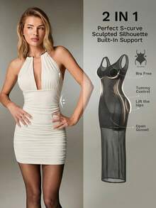 Nuvra Ärmellose Damen Shapewear Kleid mit Trägerhalsausschnitt und doppelter Lage, schlankende Taille & hebende Popartie, langes Bodycon Kleid - Gold - Übersicht 1