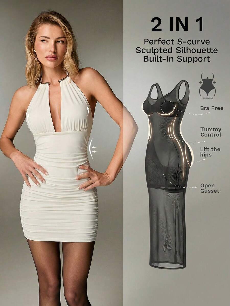 Nuvra Ärmellose Damen Shapewear Kleid mit Trägerhalsausschnitt und doppelter Lage, schlankende Taille & hebende Popartie, langes Bodycon Kleid - Gold - Übersicht 1