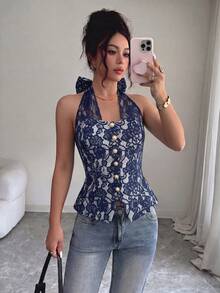Selianne Women's Backless Casual Romantic Vacation Bohemian Style Beachwear, Valentine's Day, New Year, Party Birthday Day Party, Summer Elegant White Floral - Navy Blue - View 6