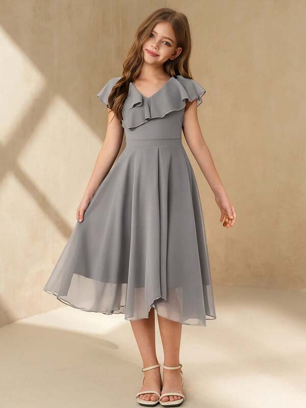 SHEIN Girls Elegant Minimalist Fashion Lady V-Neck Ruffle Collar Sleeveless High Waist Mid-Length Solid Color Chiffon Fabric Blue Formal Dress Summer Girls Graduation Season Wedding Flower Girl Dress