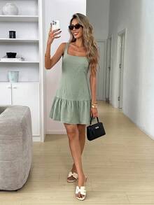 SHEIN LUNE 休閒女款夏季棉質綠色洋裝 - 綠色 - 查看 4