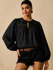 Travachic Plus Size Women's Long Sleeve Round Neck Tie Front Solid Black Bohemian Style Elegant Blouse, Lantern Sleeve Outing Top, Beach Office Vacation Fall - Black - View 4