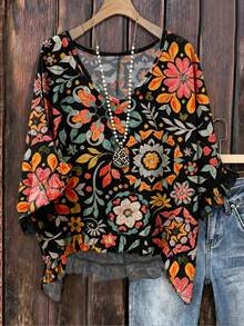 EMERY ROSE Blusa de mujer talla grande estilo casual primavera/verano: diseño simple y versátil con estampados aleatorios de flores coloridas y geométricos. Cuello en V, mangas acampanadas con volantes, ajuste holgado - perfecta para primavera y verano - Negro - Ver 4