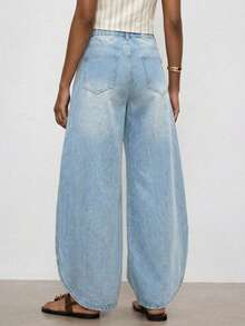 Maija Calças de ganga casuais lavadas de perna larga para mulher - Azul - Ver 2