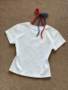 IslaSuriya Women's Independence Day White And Red Print T-Shirt Vacation Summer Tropical Y2k Casual - White - View 2