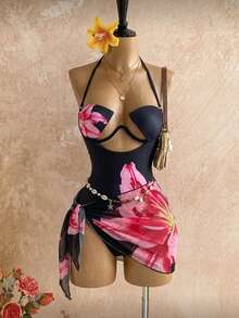 SHEIN Swim 女款一件式泳衣 硬罩杯鋼圈黑色鏤空設計，附配套遮陽裙，適合海灘度假、泳池派對、夏季熱帶性感風 - 黑色 - 查看 1