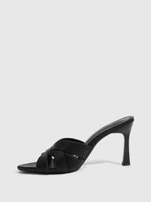 CUCCOO SZL Black Cross-Woven Square Toe High-Heeled Sandals, Commuter Slouchy Model. - Black - View 4