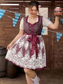 SHEIN CURVE+ Plus Size Lace Trim Design Embroidered Mesh Hem Sleeveless Elegant Dress, Fall Winter 2026 22W - Burgundy - View 4