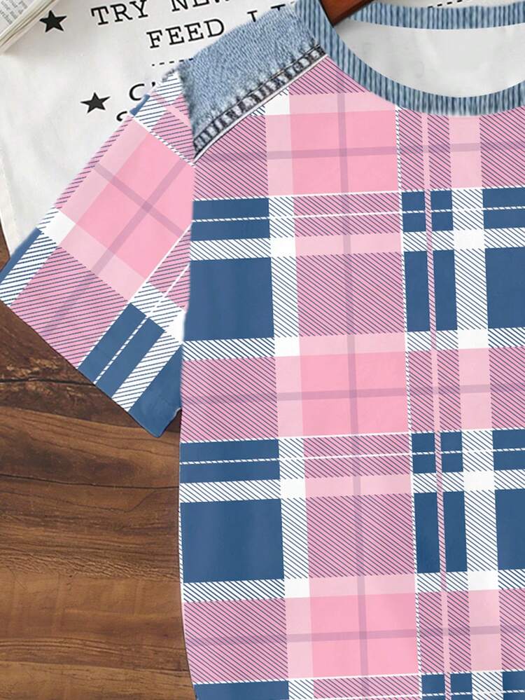 Elladie kids Camiseta de manga corta básica casual para mujer y niña grande, primavera verano otoño, moda creativa personalizada, a cuadros rosa y azul, desgastada, con estampado floral - Multicolor - Añade 7
