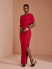 JIAN LASALA Red Mesh Ruched Side Slit Short Sleeve One Shoulder Long Dress Vacation Party Elegant - Red - View 3