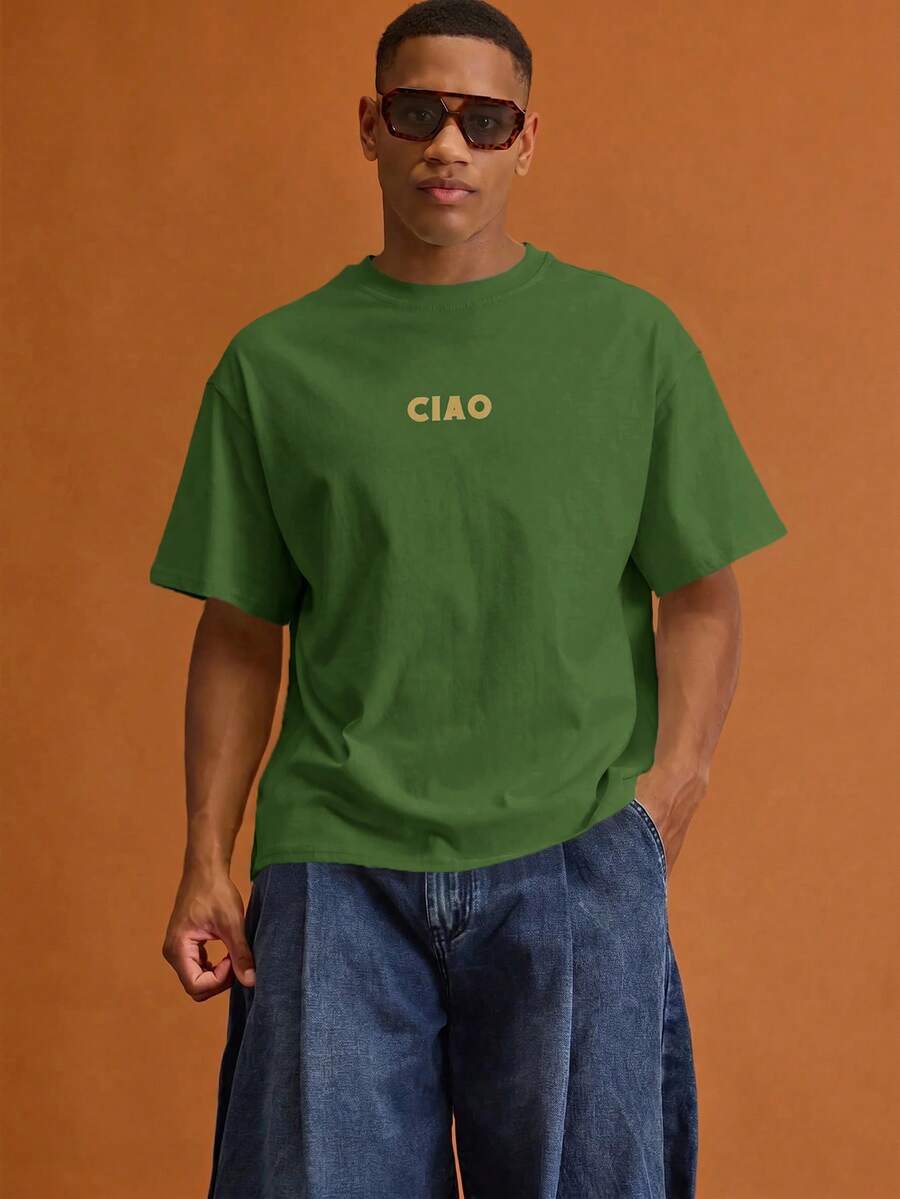Musero Men Oversized Letter Front Chest Print Short Sleeve T-Shirt Summer Spring Vacation Holiday - Green - View 1