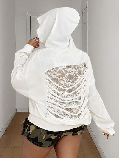 Maweii Plus Size Women's White Hollow Back Hooded Sweatshirt, Loose Fit, Lace Patchwork, Back Cutout Design, Long Sleeve Hooded Top, Sexy Style, Casual Wear, Unique Elegant, Spring/Autumn Loose Slimming Versatile Hollow Hooded Sweatshirt