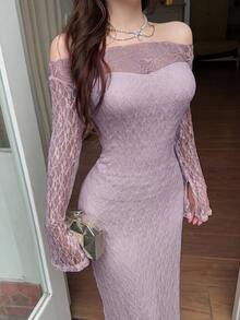 Feyla Women's Elegant Romantic Solid Color Lace Off-Shoulder Dress Birthday Party Lavender Autumn - Mauve Purple - View 4