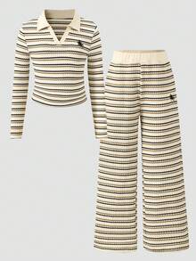Tween Girls 2pcs/Set (Big) Casual Versatile All-Match Daily Slim Fit Short Printed Knit Top + Elastic Straight Leg Long Pants Set, Fall - Khaki - View 1