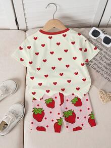 Strawberry Shortcake X SHEIN Tween Girl Heart Print Short Sleeve T-Shirt And Shorts Set - White - View 2