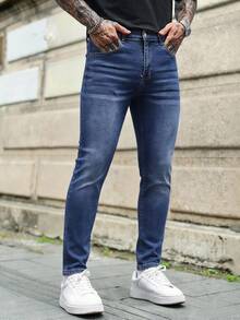 Manfinity Homme Men's Plus Size Casual Washed Slim Fit Jeans - Blue - View 5