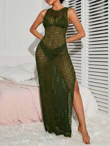 SHEIN Swim 女款純色鏤空開衩設計休閒性感熱帶度假罩衫洋裝，海灘派對適用，橄欖綠，夏季 - 軍綠色 - 查看 6