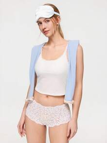 Bonmuse 1pc Lace Patchwork Camisole Top With Padded Bust, Fitted Sleeveless Cropped Ribbed Tank Top, Suitable For All Seasons - White - View 1