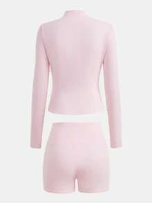 SHEIN 青少年女孩粉色針織小立領拉鍊開襟衫，收腰修身長袖短褲兩件套，Play Boy 風格運動健身夏季套裝 - 粉色 - 查看 5