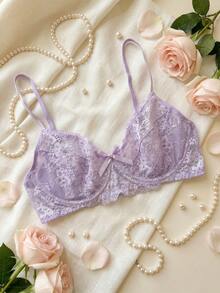 SHEIN 1件女款純色性感蕾絲胸罩，附蝴蝶結裝飾 - 淡紫色 - 查看 5