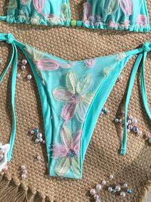 Costavie Swim MOD 女款性感比基尼兩件套 春夏度假款 彩色花卉亮片紋理面料 掛脖三角比基尼上衣搭配側綁帶比基尼褲 - 彩色 - 查看 4