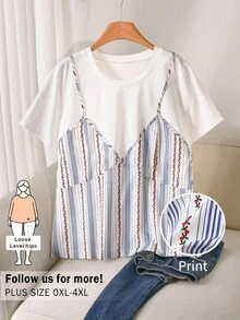 CosyJoli 大尺碼休閒拼接圓領短袖背心 T-shirt - 彩色 - 查看 2