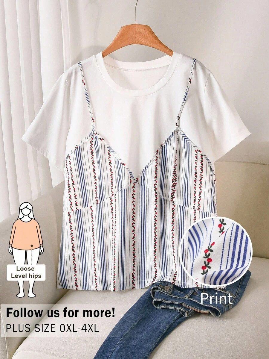 CosyJoli 大尺碼休閒拼接圓領短袖背心 T-shirt