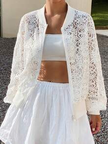 DAZY Women's Loose Lace Crew Neck Regular Jacket Day Party Rave White Summer Elegant - White - View 6